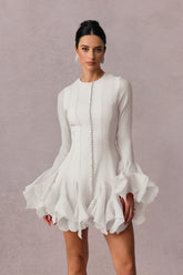 Volan Detaylı Beyaz Uzun Kollu Mini Elbise Zalle